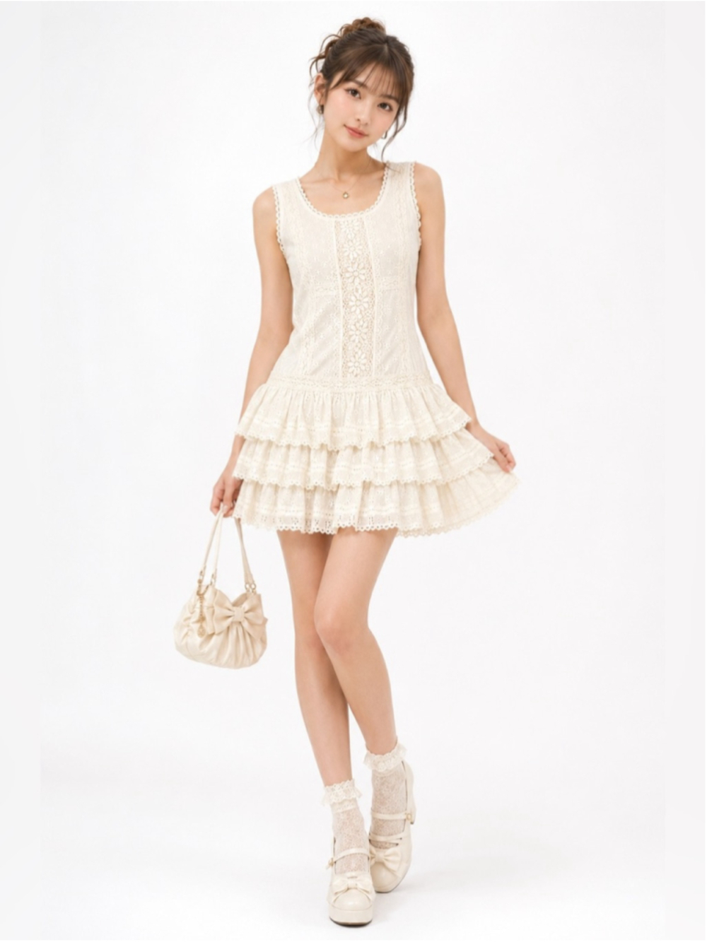 LIZ LISA Japanese Fairy Kei Coquette Lace Eyelet Cotton Tiered Ruffle Mini Dress